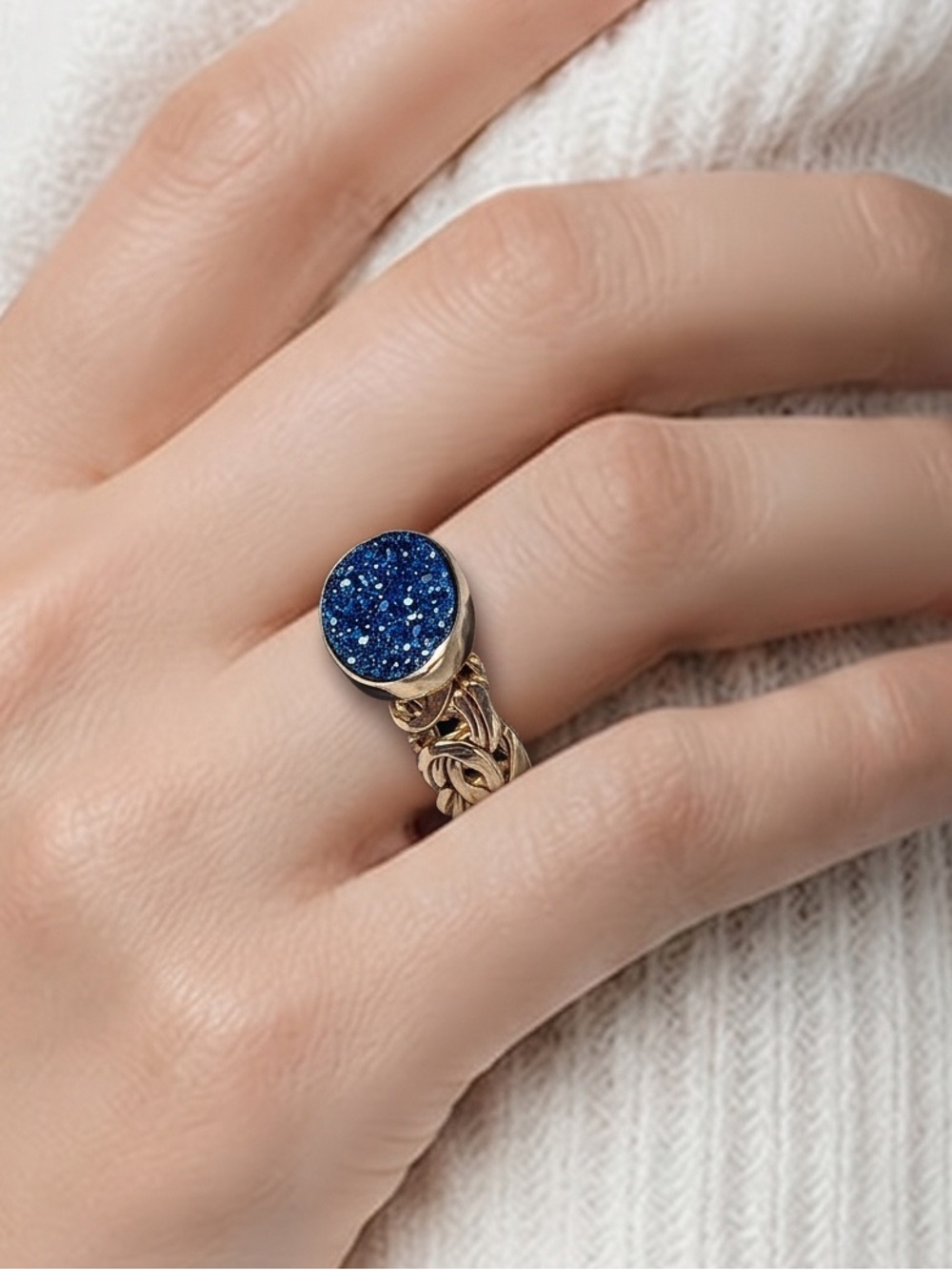 Blue Druzy and Gold Over 925 Women's Ring
